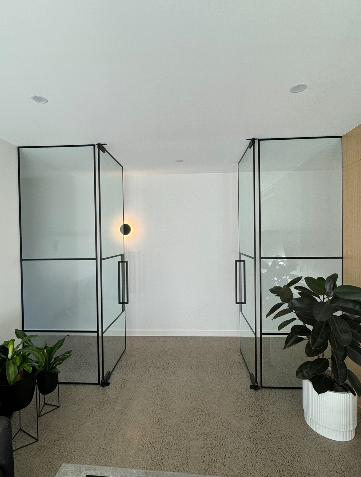 Open black double glass doors with plants on either side