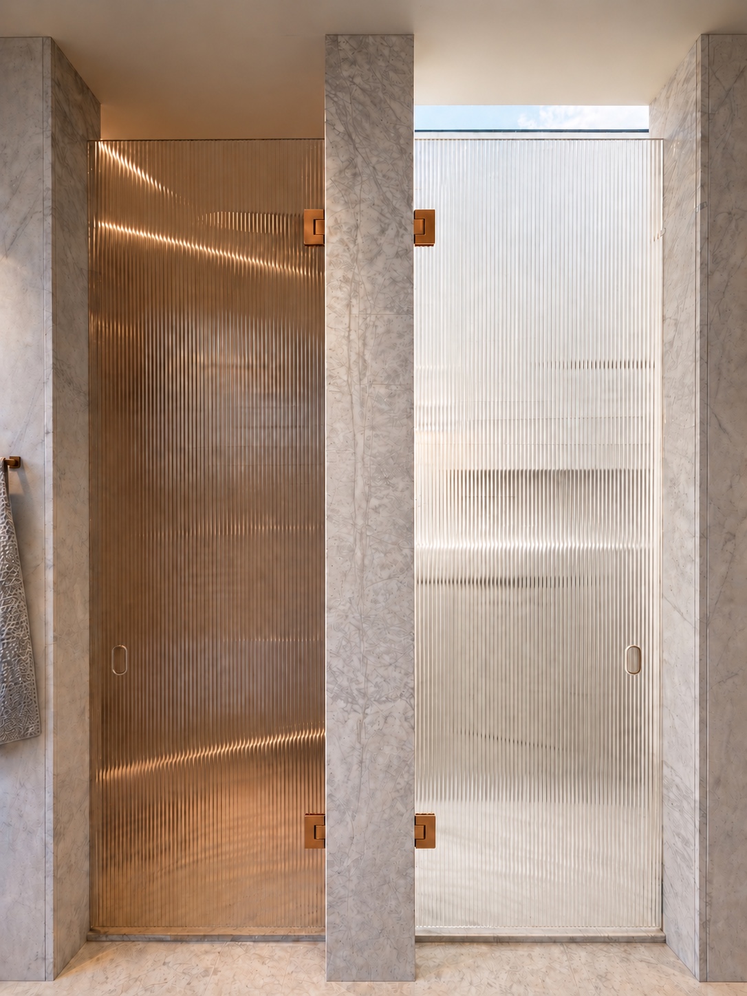 Two adjacent fluted glass bathroom doors separated by a stone pier
